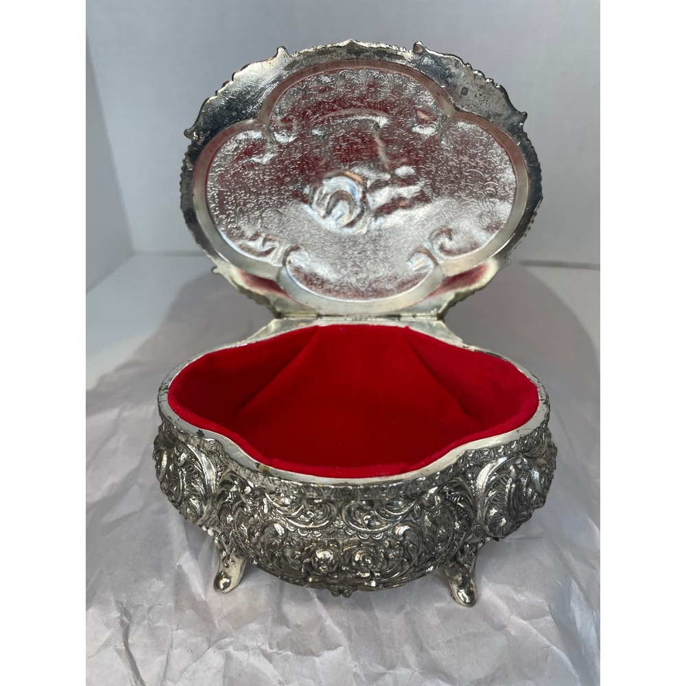 Vintage Silver Tone Footed Jewelry Box Embossed Floral Basket Red Velvet Lining